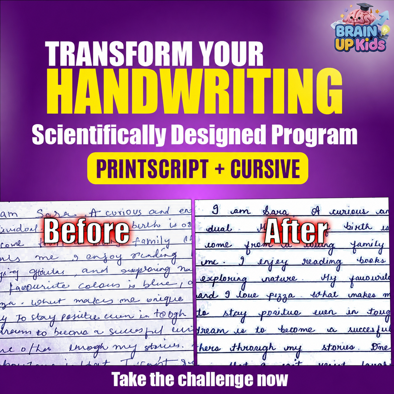 Printscript and cursive handwriting program before-and-after example
