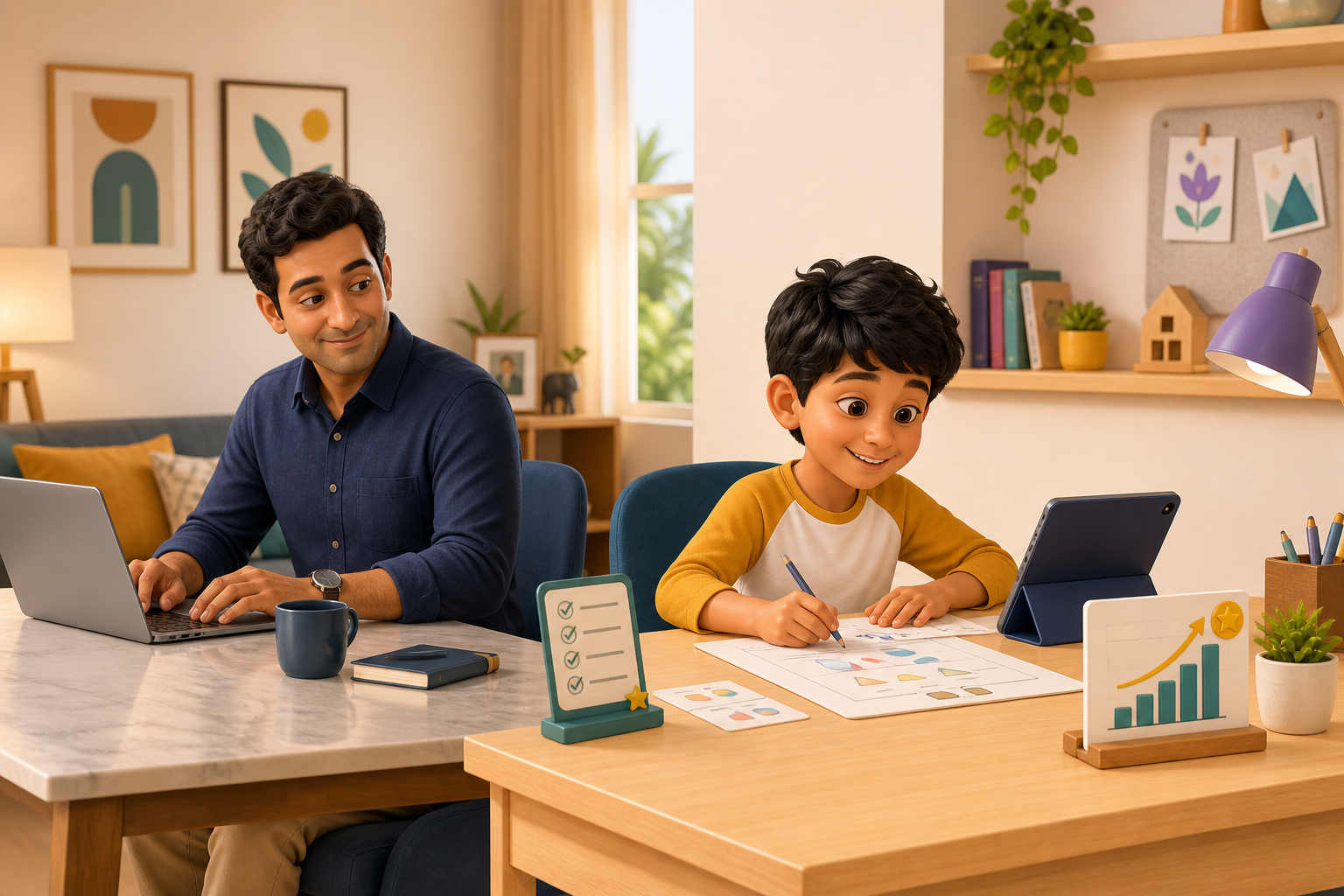 A working parent nearby while a child independently follows a guided Maths lesson and worksheet
